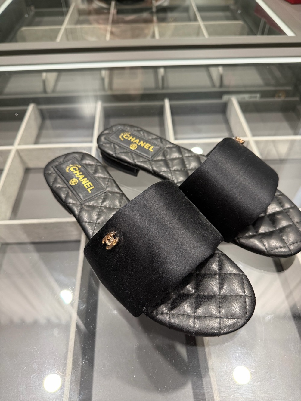 CHANEL Black Quilted Satin Slide Mules with Gold CC